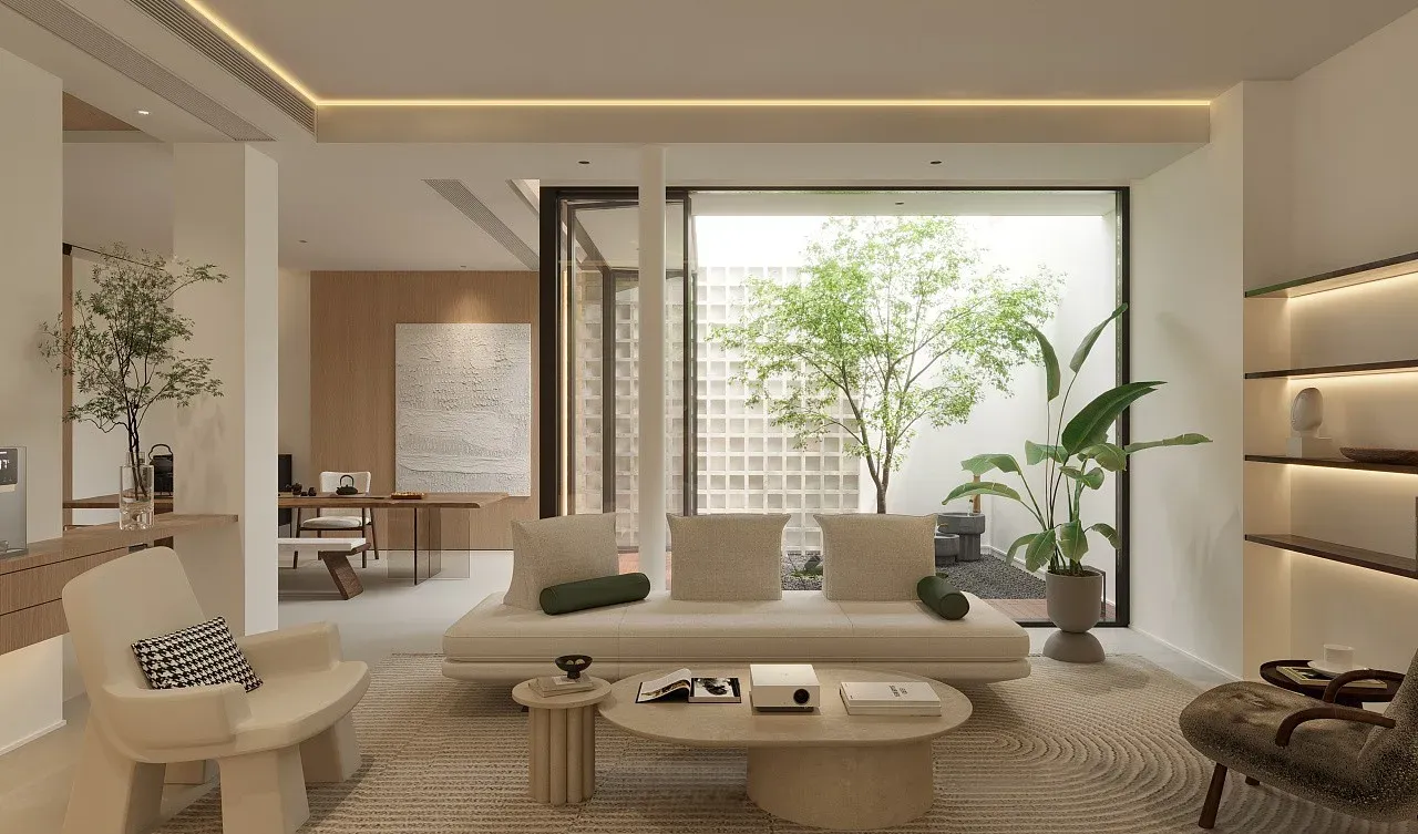 Furniture modern dengan komposisi material dan warna yang konsisten