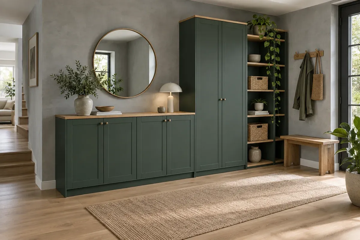 Interior modern terbuka dengan furnitur penyimpanan