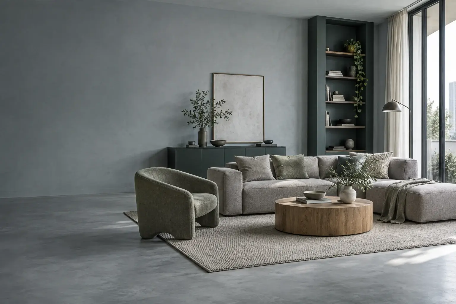 Spacious living area with modern furniture